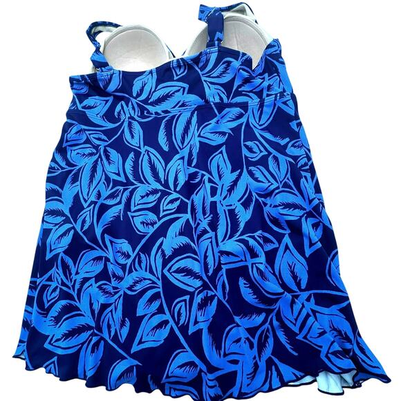 SWIM 365 Women's 20 Blue Tropical Leaf Print‎ Padded One Piece Swimsuit Dress - Picture 3 of 9